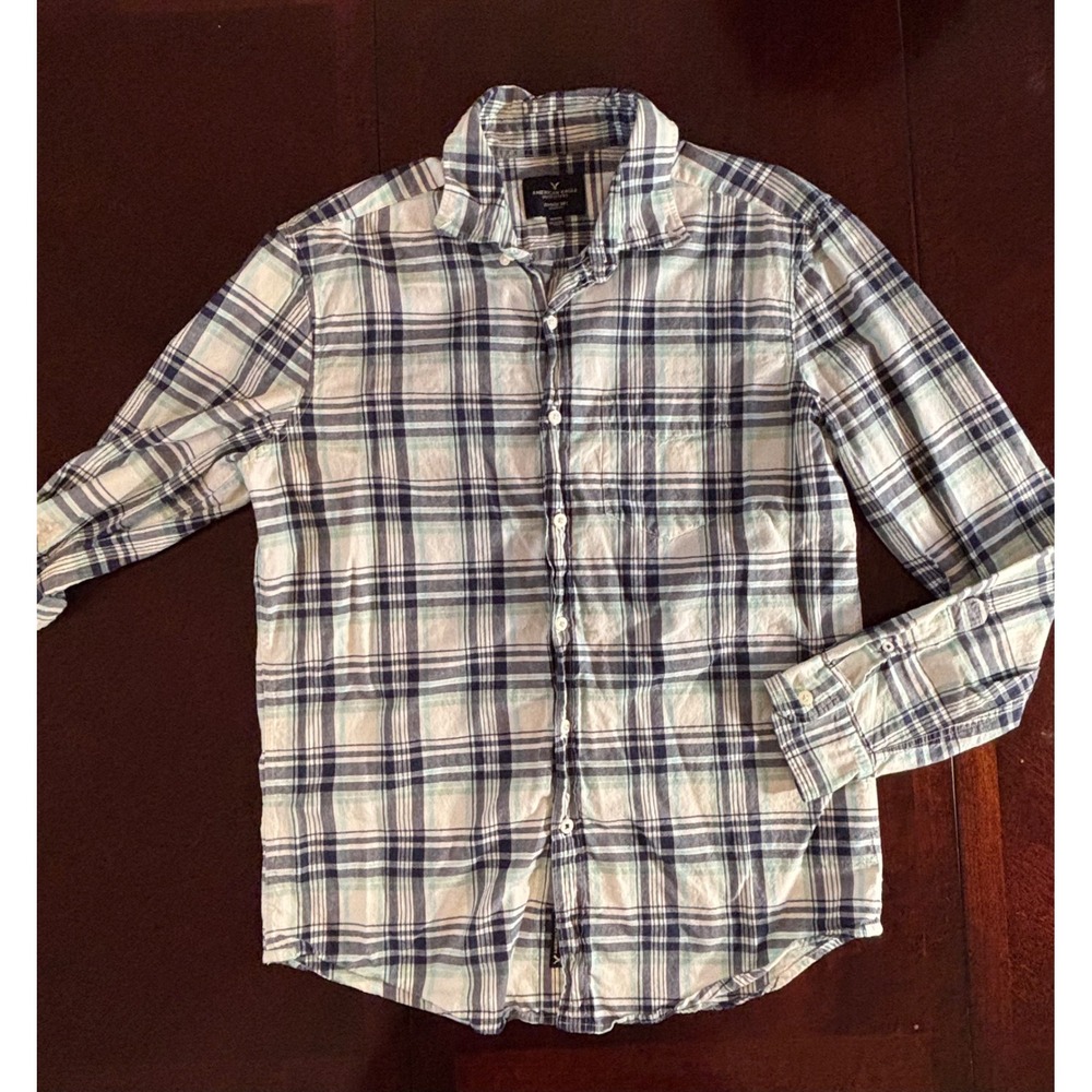 American Eagle Seriously Soft Plaid Flannel Shirt Mens Medium Navy Blue White